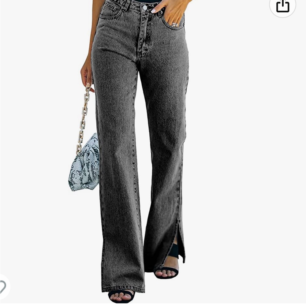 Sidefeel Women Mid Rise Distressed Flare Wide Leg Jeans Black/grey  Denim Pants
